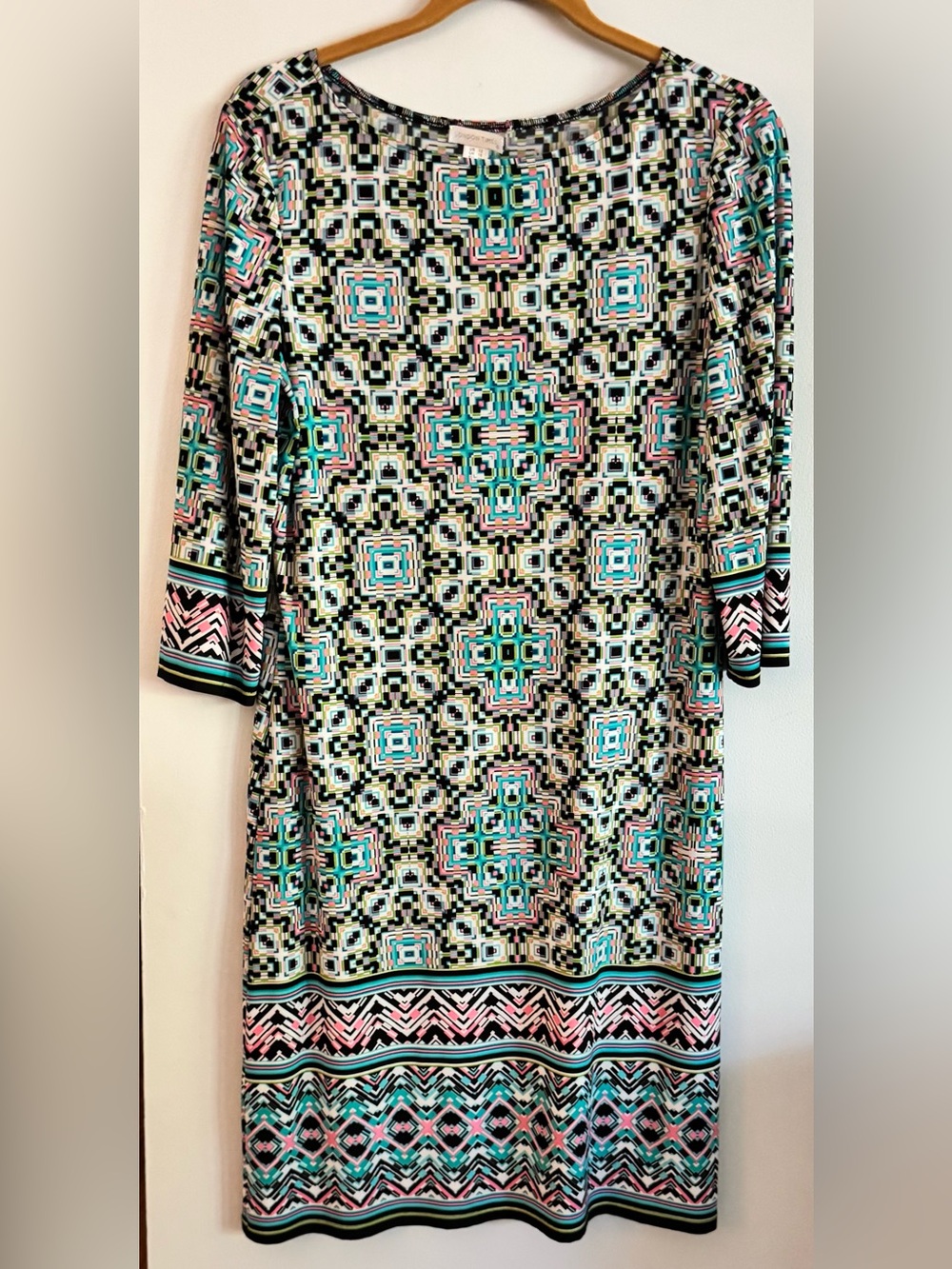 London Times Turquoise/Aqua, Pink, Black & White Geometric Sheath Dress